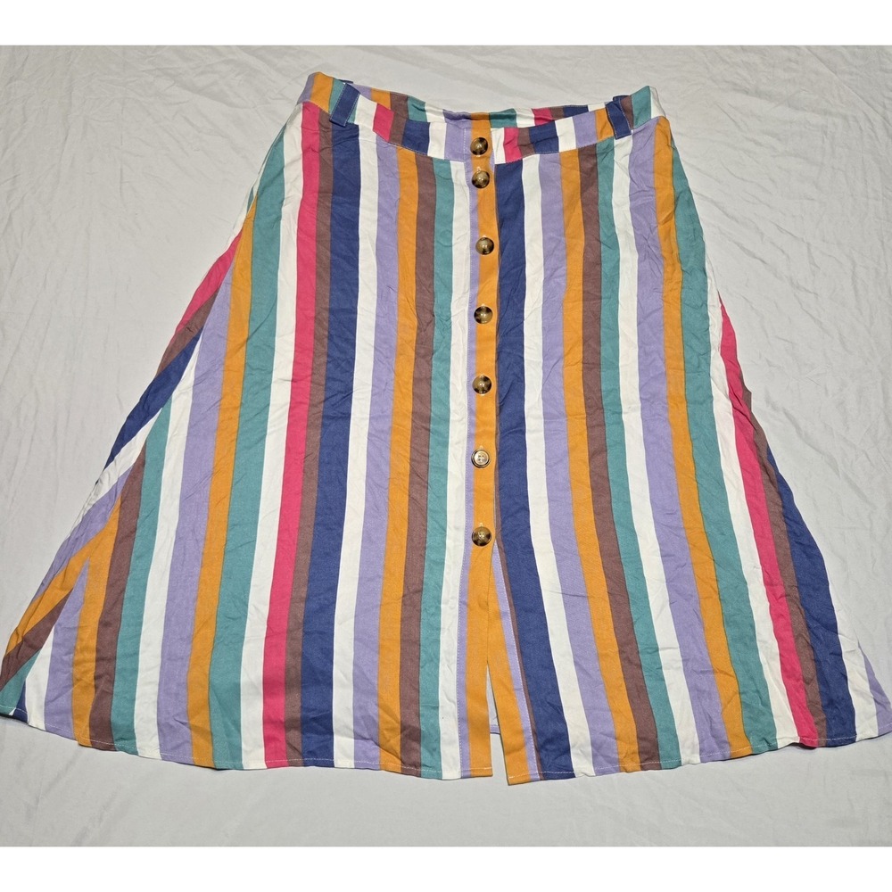 Sugarhill Brighton Striped Button Midi Skirt Size 12 Colorful Viscose Retro
